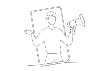 Continuous one line drawing man hand holding megaphone coming out from laptop screen marketing concept single line draw design vector graphic illustration
