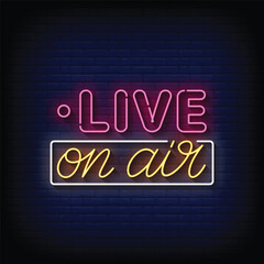 Naklejka na ściany i meble Neon Sign live on air with brick wall background vector