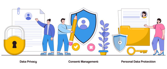 Data Privacy, Consent Management, Personal Data Protection Concept with Character. Privacy Compliance Abstract Vector Illustration Set. Consent Handling Metaphor