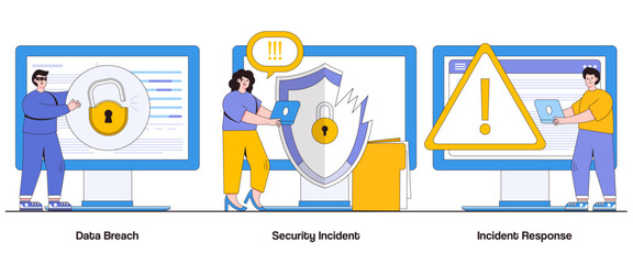 Obraz na płótnie Canvas Data Breach, Security Incident, Incident Response Concept with Character. Cybersecurity Abstract Vector Illustration Set. Protocols Management Metaphor