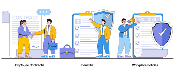 Employee Contracts, Benefits, and Workplace Policies Concept with Character. Human Resources Abstract Vector Illustration Set. Employment Terms, Work-Life Balance, and Organizational Culture Metaphor - obrazy, fototapety, plakaty