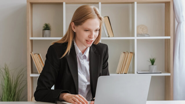 Video Call. Online Interview. Business Communication. Confident Smiling Young Blond Woman In Suit Sitting At Table Talking To Laptop At White Office.