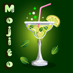 A glass with a drink, lime and mint on a green background.