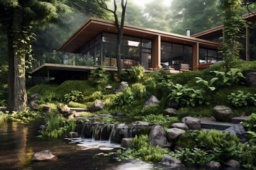 Fototapeta na wymiar Eco-style house project in the forest. Modern house made of natural materials. AI generated.