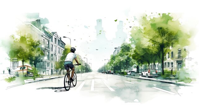 Cyclist embracing an eco friendly lifestyle, riding through an urban park on a bike lane. Sustainable transportation methods in city planning and lifestyle choices for a greener future. Generative AI