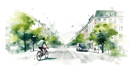 Cyclist embracing an eco friendly lifestyle, riding through an urban park on a bike lane. Sustainable transportation methods in city planning and lifestyle choices for a greener future. Generative AI