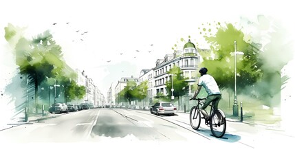 Cyclist embracing an eco friendly lifestyle, riding through an urban park on a bike lane. Sustainable transportation methods in city planning and lifestyle choices for a greener future. Generative AI