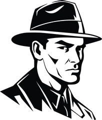 Vintage Mascot Of A Prohibition Era Man In Fedora hat Logo Monochrome Design Style