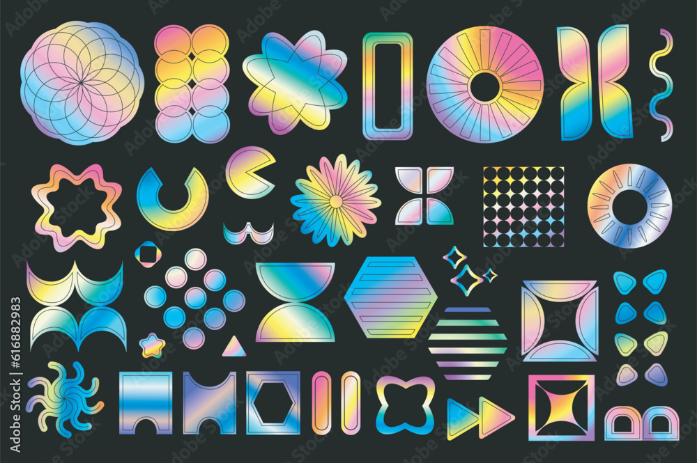 Poster holographic stickers mega set in graphic flat design. bundle elements of glossy iridescent templates