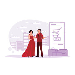 Young couple walking downtown holding smartphones and shopping in the online shop. Trend Modern vector flat illustration.
