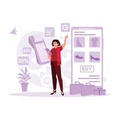 A young girl opens a smartphone and accesses the online shop, selecting and buying shoes, bags and clothes. Trend Modern vector flat illustration.