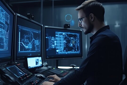 Engineer working on computer in control room. Engineering and technology concept © ttonaorh