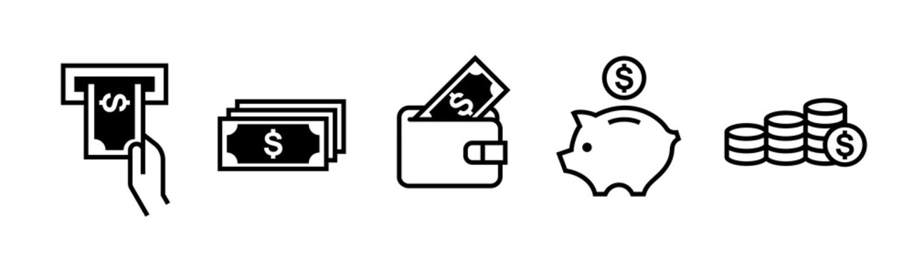 Finance icon set. Operating ATM, bills, Wallet, piggy bank and coins icons.