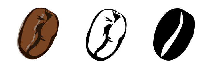 Dark brown roasted coffee beans isolated on transparent  background, Raw processed food for drinks refreshment, Graphic set of silhouette and line drawing of coffee bean