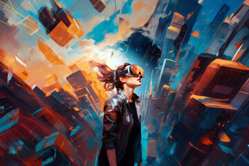 Woman with VR goggles in modern big city with skyscrapers. Cartoon style. Created using generative AI