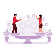 Men and women stand on the scales as a picture of gender equality in work. Trend Modern vector flat illustration.