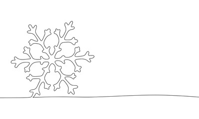 One line snowflake. Line art winter time. One line continuous Christmas banner. Outline vector illustration.