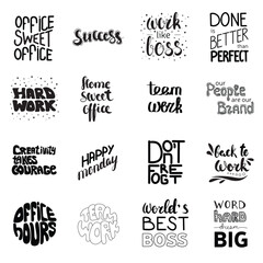 Big collection of calligraphy phrase about job. Handwriting text and quote of work, job, office. Vector illustration.
