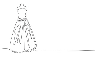 One line fashion dress. Line art dress on clothing mannequin. One line continuous fashion banner. Outline vector illustration.