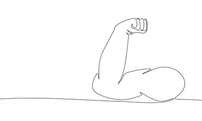 One line arm with biceps. Line art hand of sportsman. One line continuous sport gym banner. Outline vector illustration.