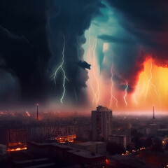 Fototapeta na wymiar Cityscape surrounded by colorful dark clouds and lightning