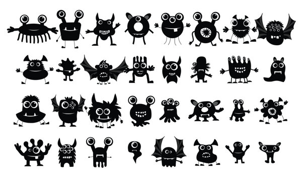 Large collection of cute monsters in black color. Big Halloween set of monsters isolated on white background. Silhouette vector illustration.