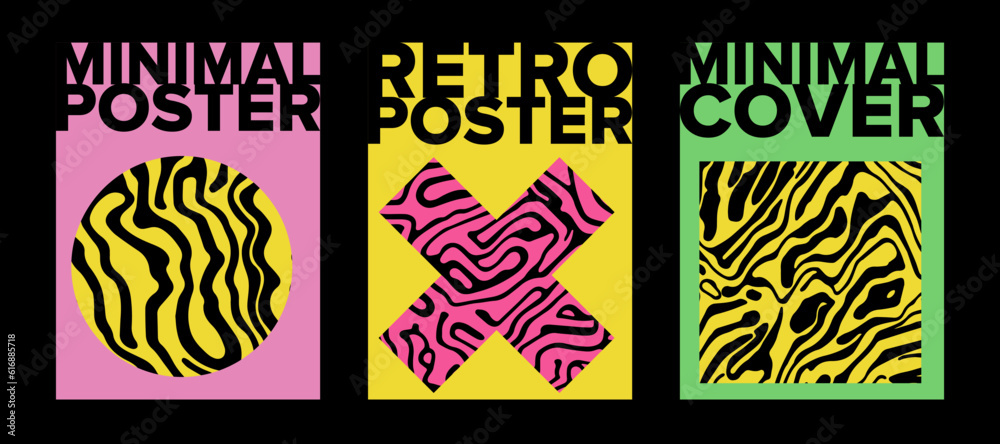 Poster psychedelic retro style posters with geometric shapes and ornaments.