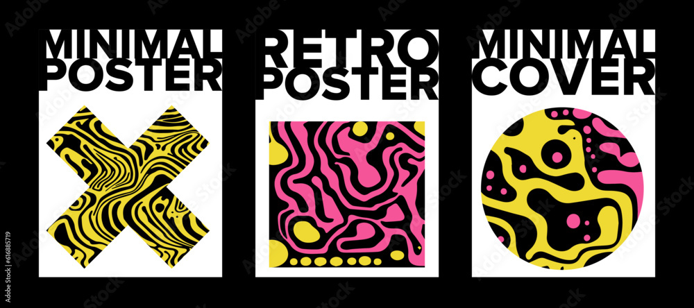 Poster psychedelic retro style posters with geometric shapes and ornaments.