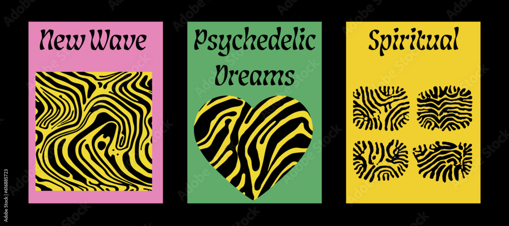 Poster psychedelic retro style posters with geometric shapes and ornaments.