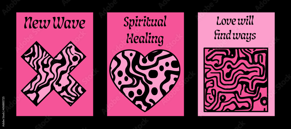 Poster psychedelic retro style posters with geometric shapes and ornaments.