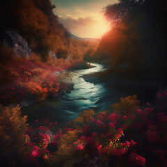 Sunset scenery of creek in mountain forest