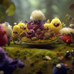Obraz premium A group of cute elves having a happy party in the forest, animation picture