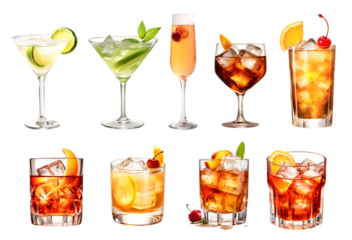 Alcohol Cocktail Mocktail. Many assorted different range types isolated on transparent background cutout. PNG file.