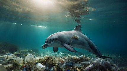 Dolphin amidst ocean contamination, water bottles, raising awareness, with discarded plastic bottles, floating trash, impact of pollution on marine life, plastic waste, against contamination
