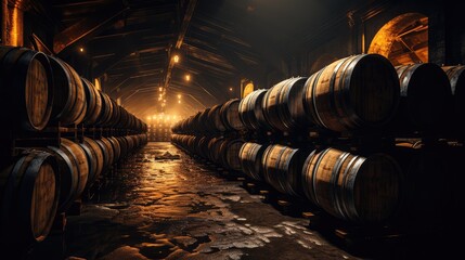 Dark winery with wooden barrels