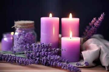 Obraz na płótnie Canvas Elements of lavender SPA: fresh lavender and lavender candles - Generative AI