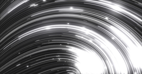 Abstract energy black and white swirling curved lines of glowing magical streaks and energy particles background
