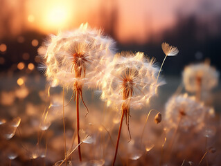 Close up of a dandelion with the seeds flying away