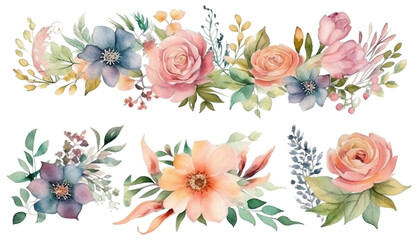 Watercolor bouquets, for invitation cards, wedding invitations, fashion backgrounds, DIY textures, greeting cards, wallpaper designs, wedding stationary sets, DIY wrappers, Generative ai