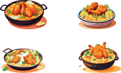 set of hot and spicy chicken biryani with roasted pieces and lemon illustration on isolated white background