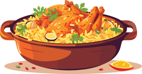 hot and spicy chicken biryani with roasted pieces and lemon illustration on isolated white background