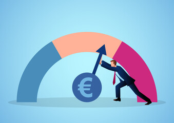 Business concept illustration of a businessman attempting to slowdown the rate of inflation, vector illustration - obrazy, fototapety, plakaty