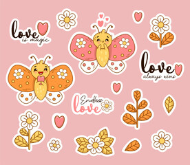 Collection stickers cute cartoon butterflies flowers, plants and cool phrase about love, Isolated Vector illustrations. funny character insects for romantic design and decor.