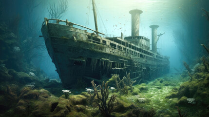 Sunken shipwreck at the bottom of the sea