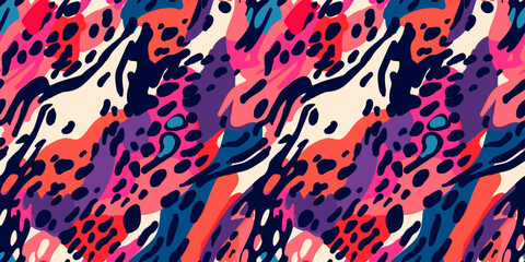 Modern seamless pattern with beautiful bright abstract elements and leopard spots. Colorful animalistic texture for  for wrapping paper, fabric print, wallpaper. Contemporary art. Trendy modern style - obrazy, fototapety, plakaty