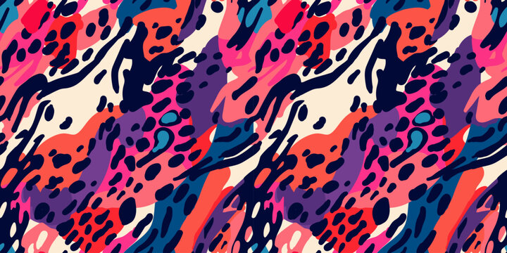 Modern seamless pattern with beautiful bright abstract elements and leopard spots. Colorful animalistic texture for  for wrapping paper, fabric print, wallpaper. Contemporary art. Trendy modern style