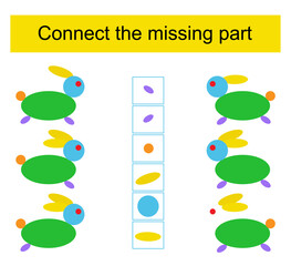 Matching game. Task for the development of attention and logic. Cartoon hare.