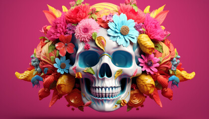 Obraz na płótnie Canvas Colorful Halloween skull with colorful flowers against pink background. Creative Santa Muerte concept