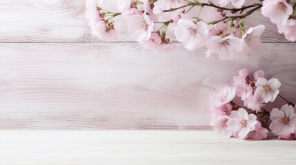 Pink cherry blossoms on white wooden background