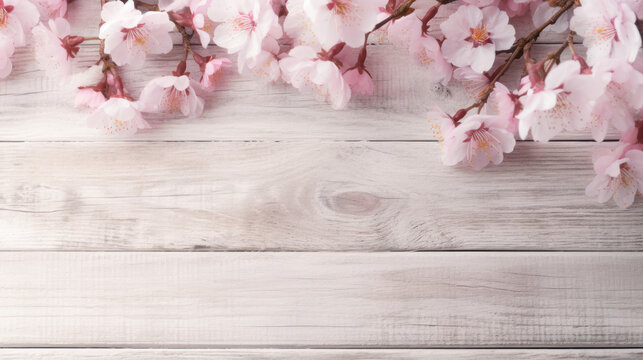 Pink cherry blossoms on white wooden background